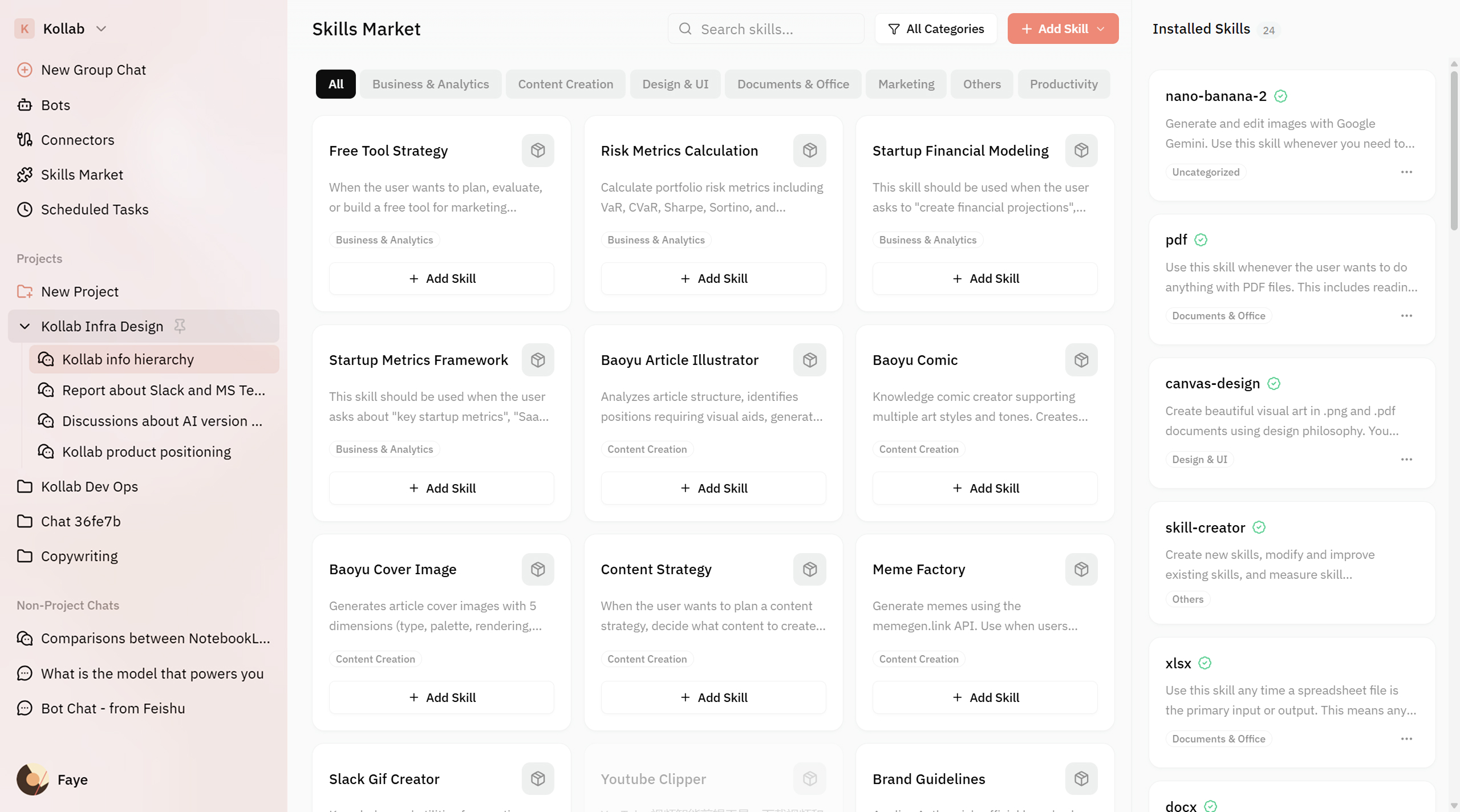 보고서, 시장 조사, 팀이 재사용할 수 있는 피드백 요약을 위한 Kollab의 Agent Skills 라이브러리.