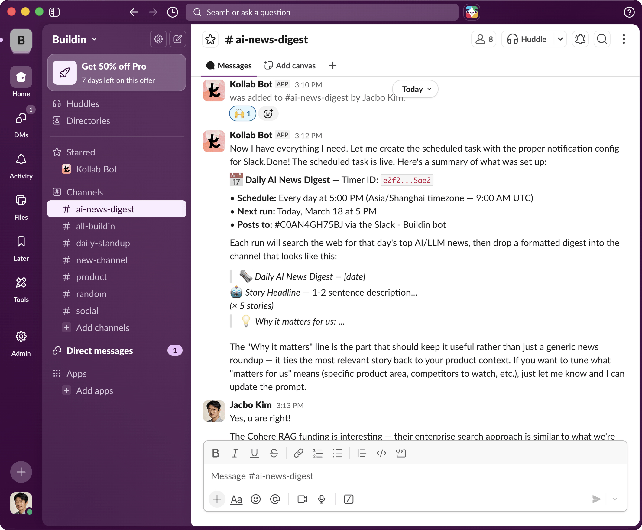 Slack 对话中，Kollab Bots 返回 AI Agent 结果，并把更新同步回工作空间。