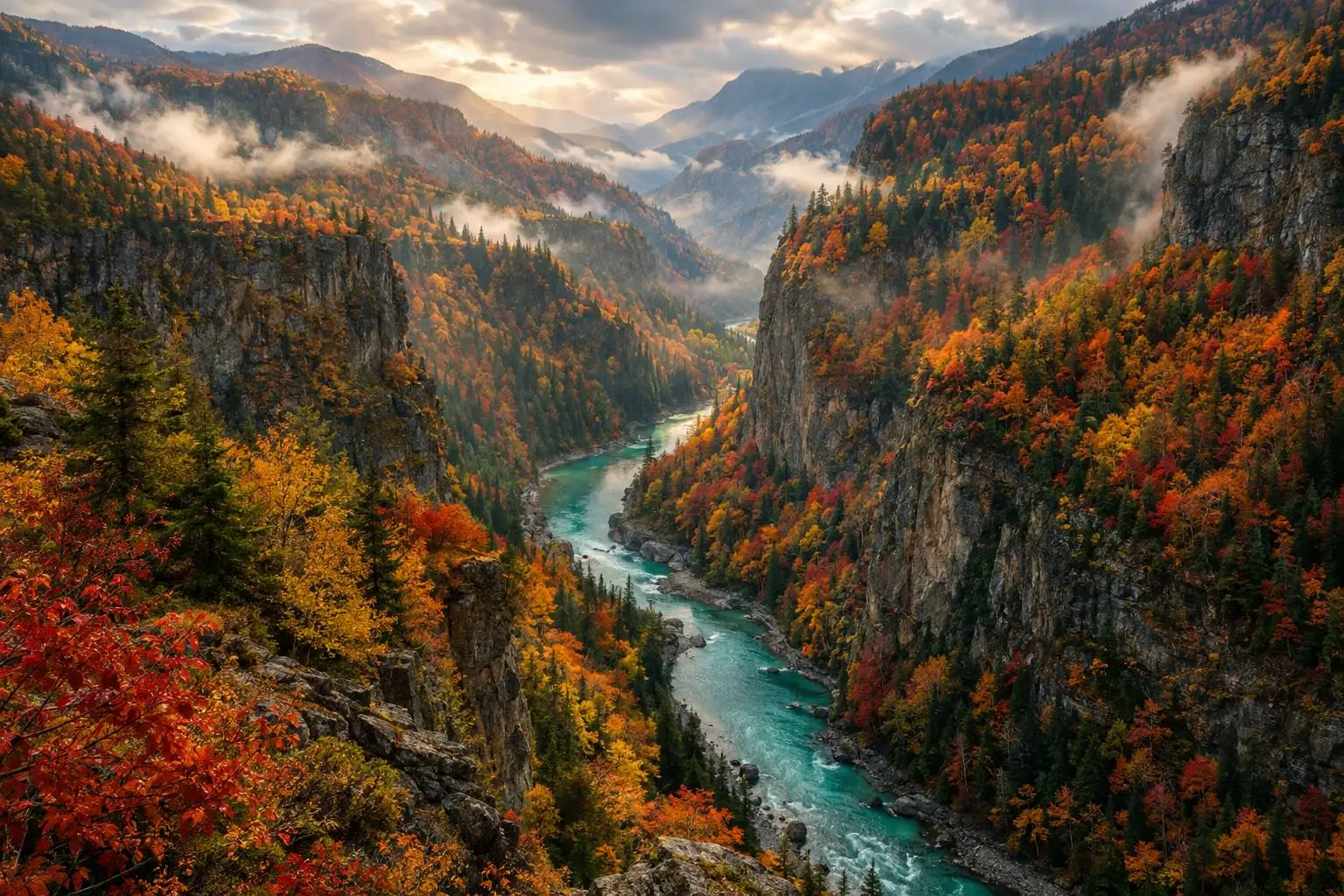 A river canyon in full autumn color, mist rising from the forest below.