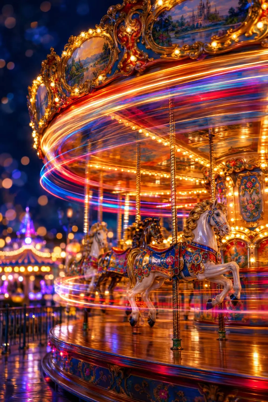 A long-exposure night shot of a carousel, colorful light trails swirling from the spinning horses.