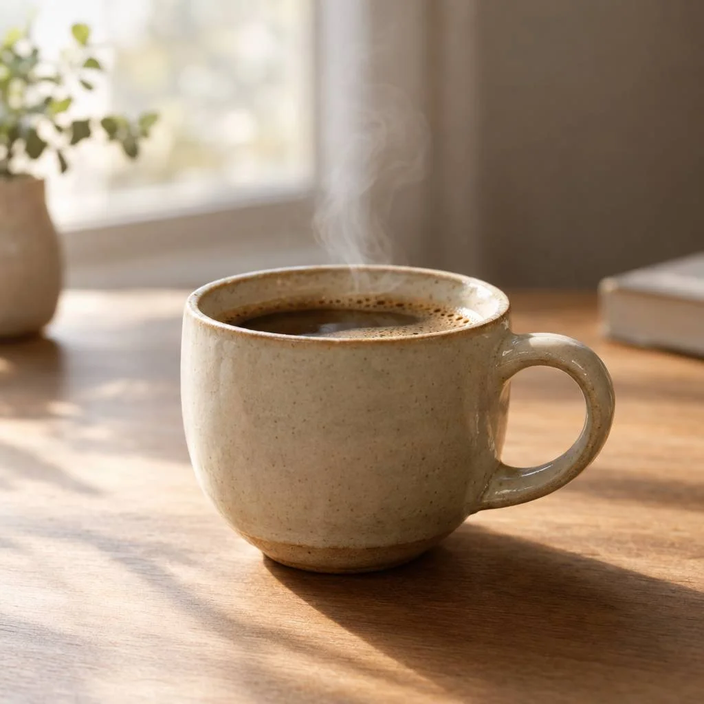 A handmade ceramic coffee cup catching soft morning window light.
