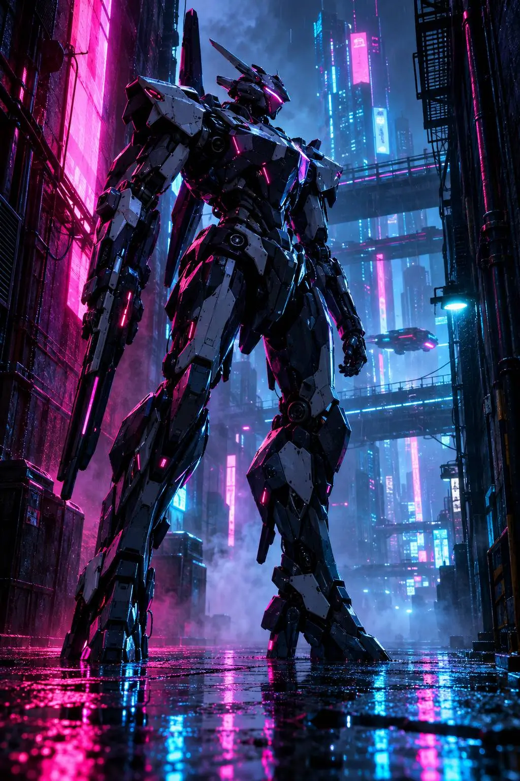 A towering mecha standing in a rain-soaked neon alley at night.