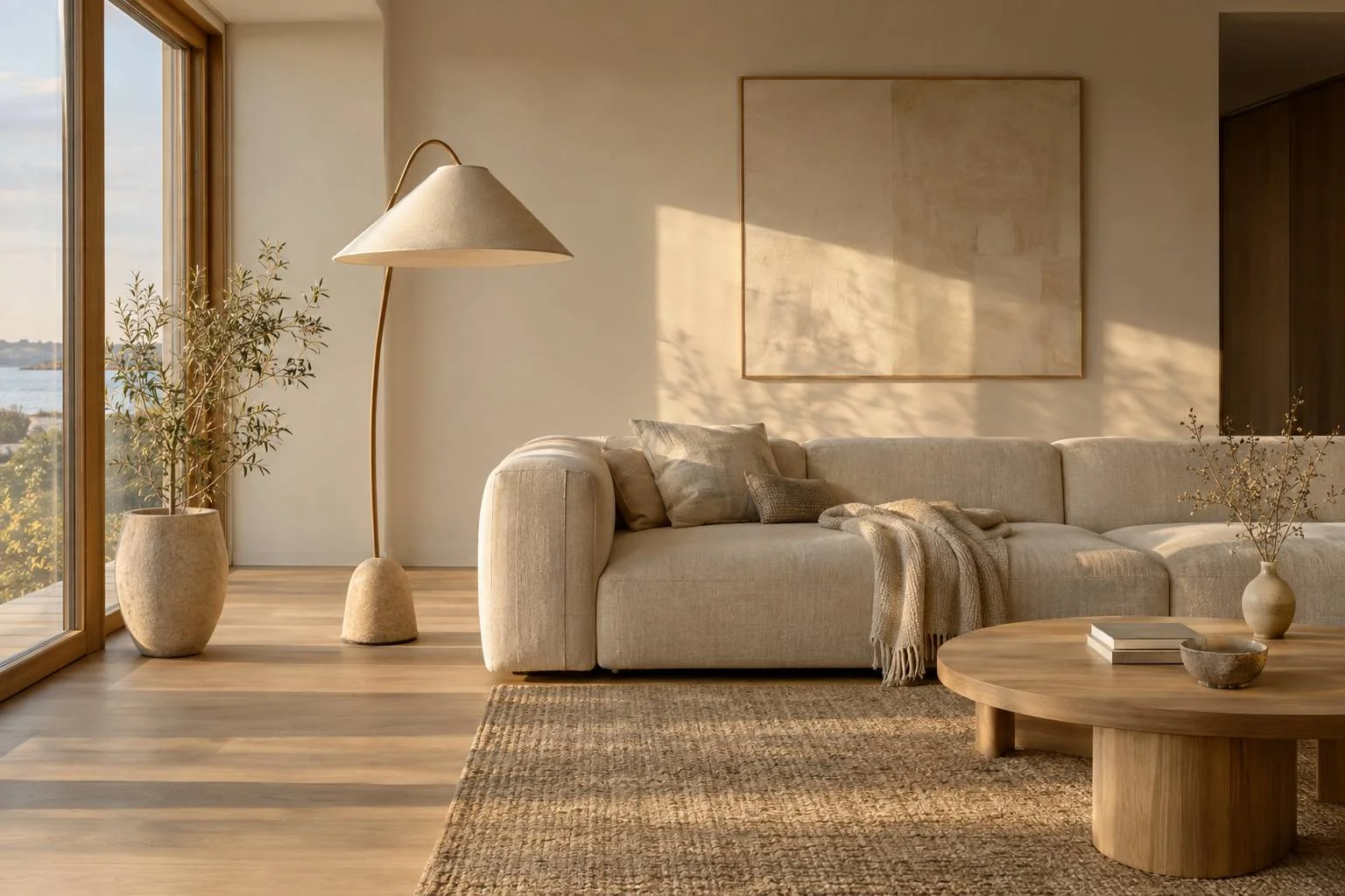 A minimalist Scandinavian living room bathed in warm afternoon light.