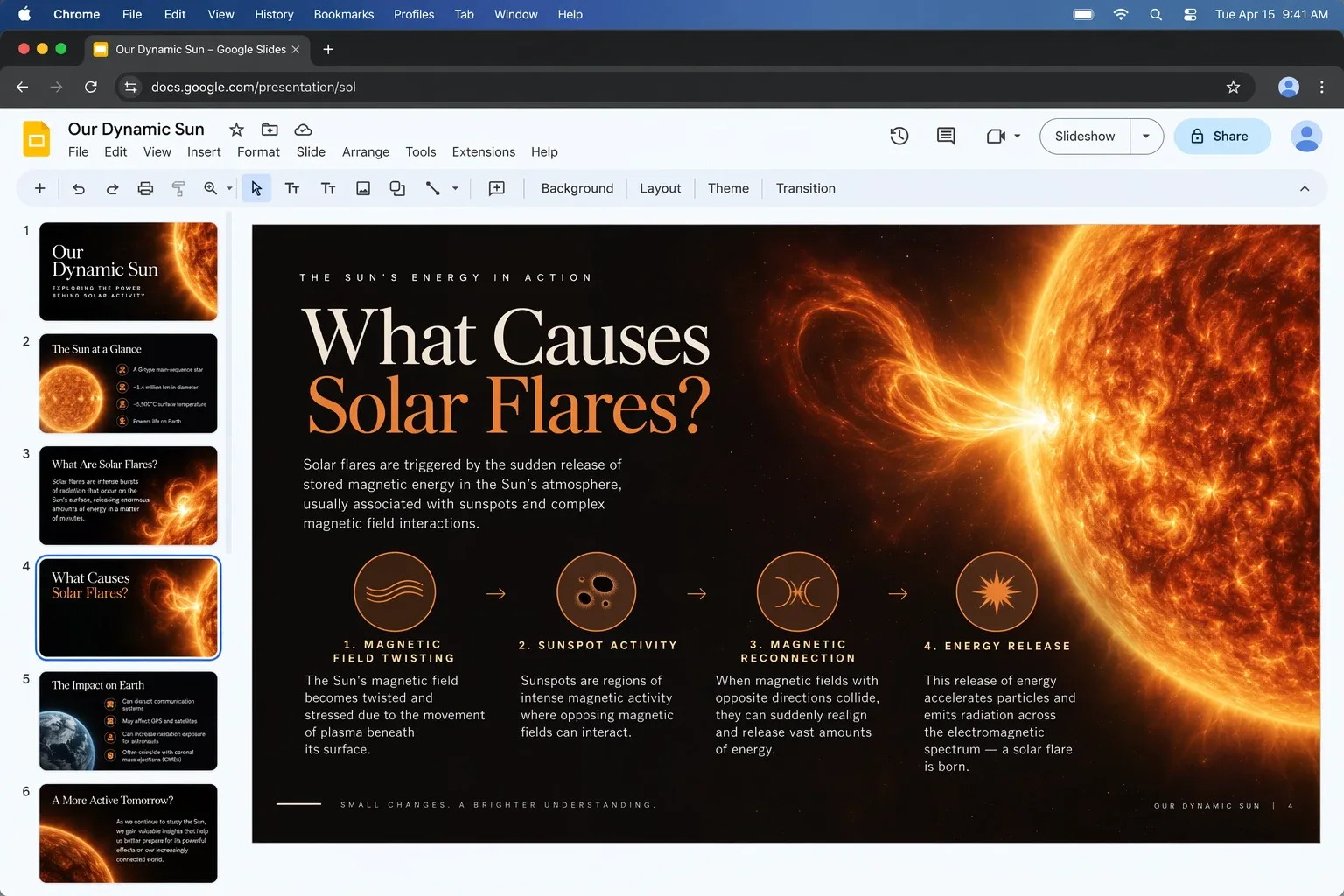 GPT Image 2.5 sample: a presentation slide explaining what causes solar flares with an accurate diagram