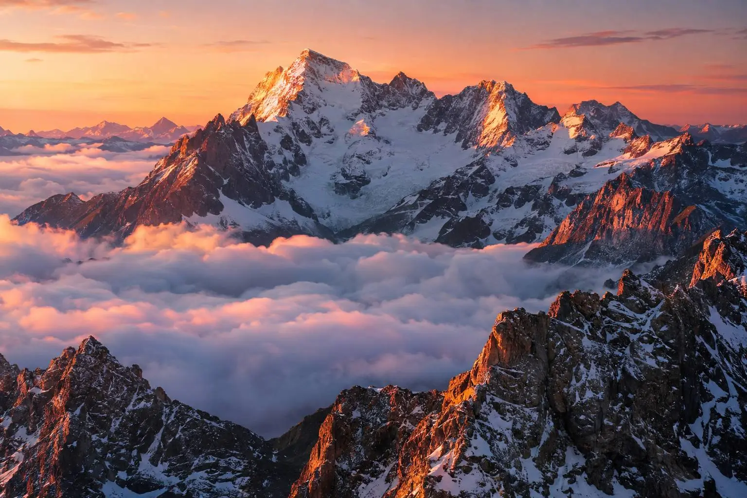 A snow-capped mountain range glowing at sunrise above a sea of clouds.