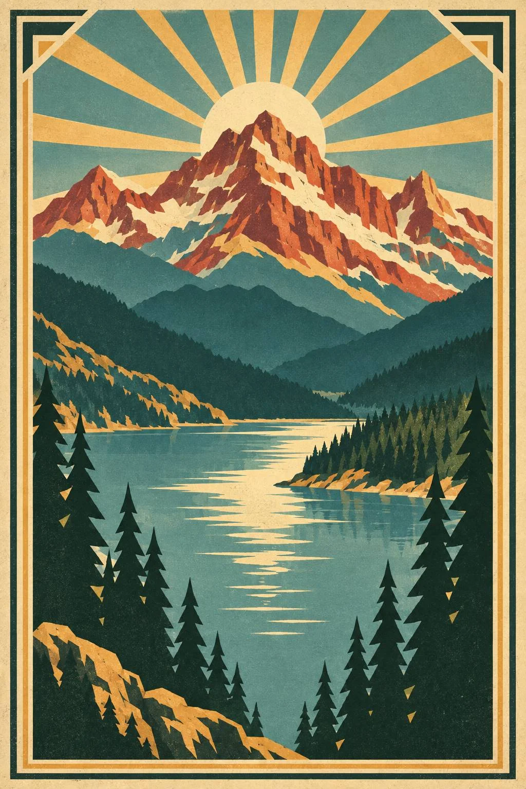 A retro 1930s-style travel poster for a fictional mountain park.
