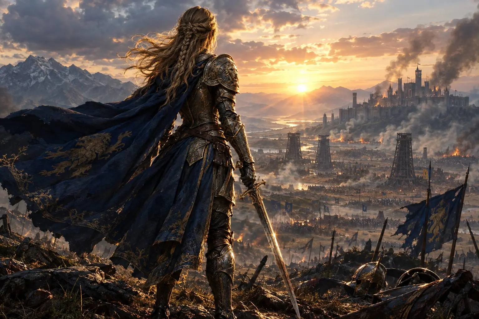 A lone knight in ornate armor overlooking a war-torn battlefield at dawn.