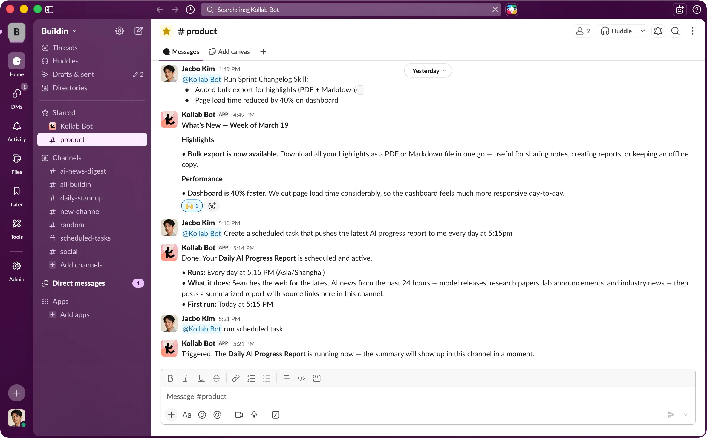 Kollab Bot responding in a team chat, showing AI agent answers grounded in workspace context.