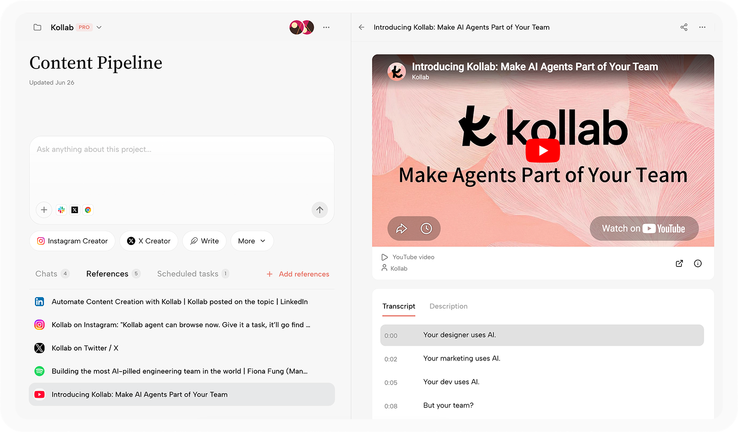 Kollab AI 콘텐츠 제작 흐름 화면: 자료 수집